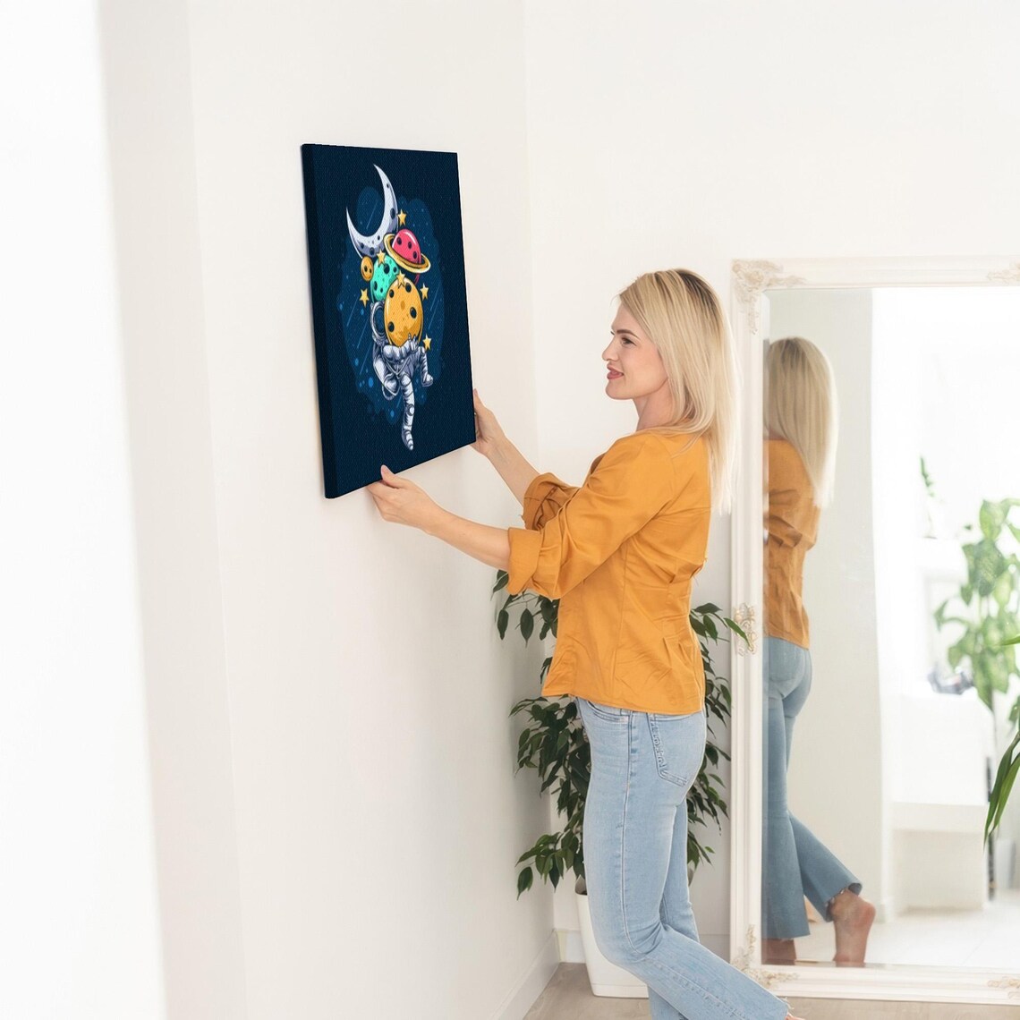 Astronaut Carrying Armful of Colorful Planets Space Cartoon Poster - Image 5