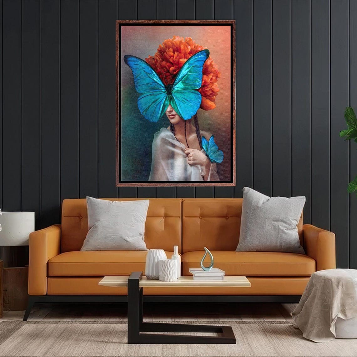 Blue Butterfly Woman Oil Painting Look Decorative Wall Print Framed Wall Art Surreal Wall Art Surreal Print - Image 2