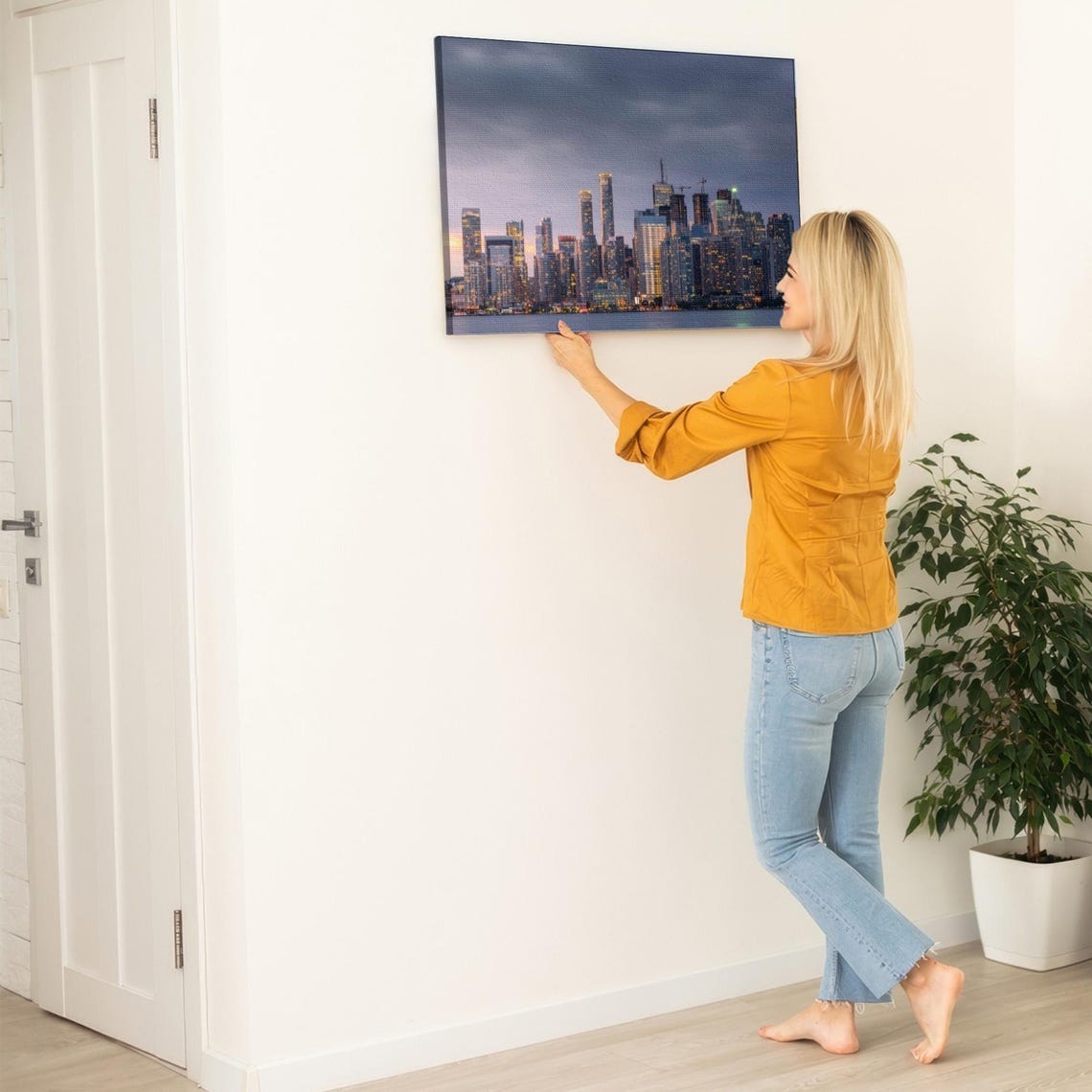 City Skyline at Dusk with Glowing Skyscraper Windows at Night Poster - Image 5