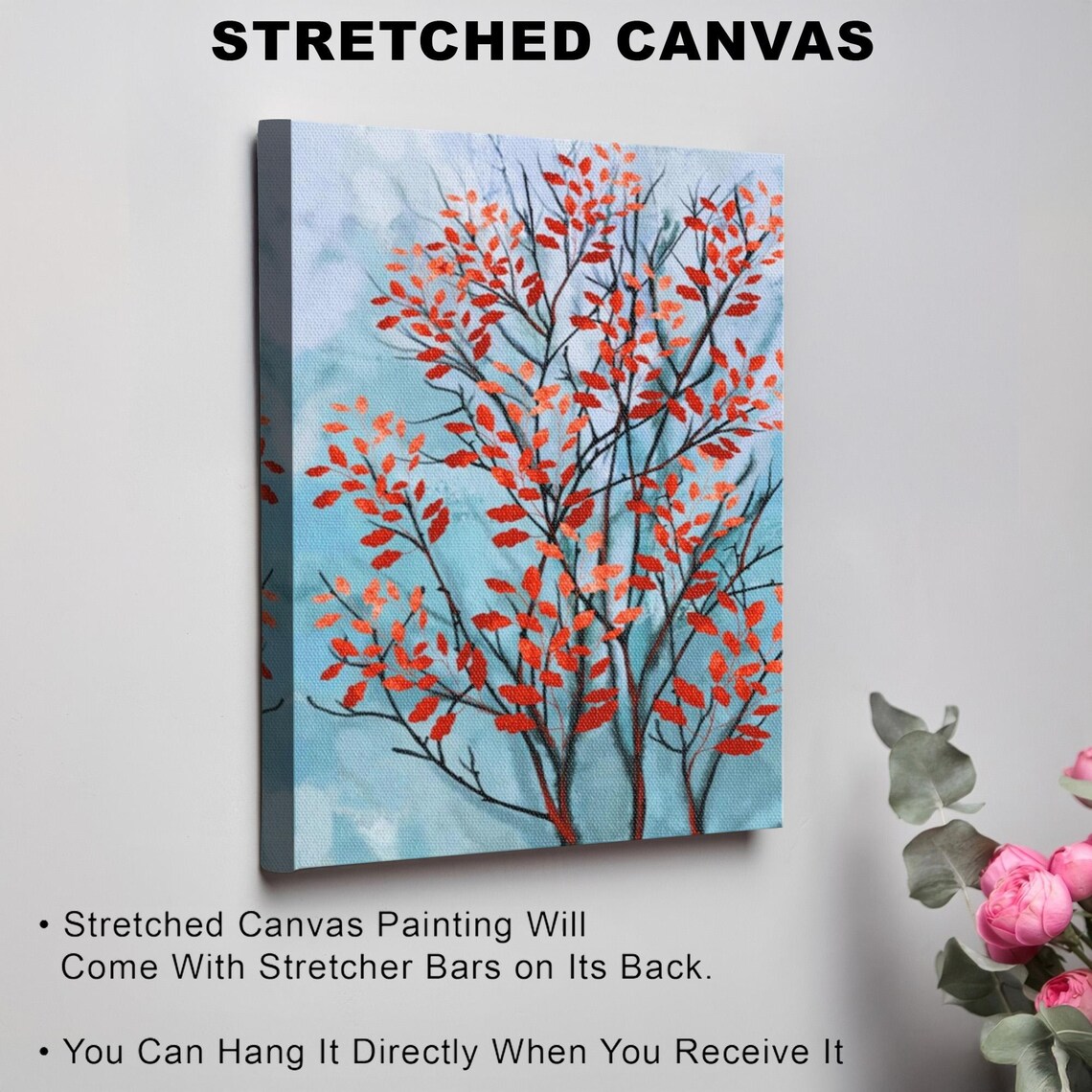 Crimson Red Autumn Leaves Tree Against a Pale Blue Sky Poster - Image 3