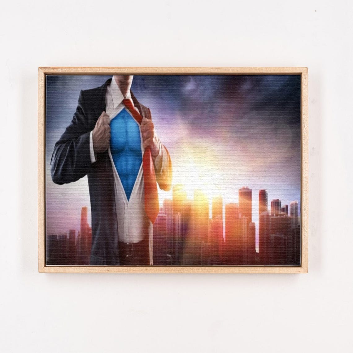 Businessman Revealing Blue Superhero Suit Over City Skyline Poster - Image 4