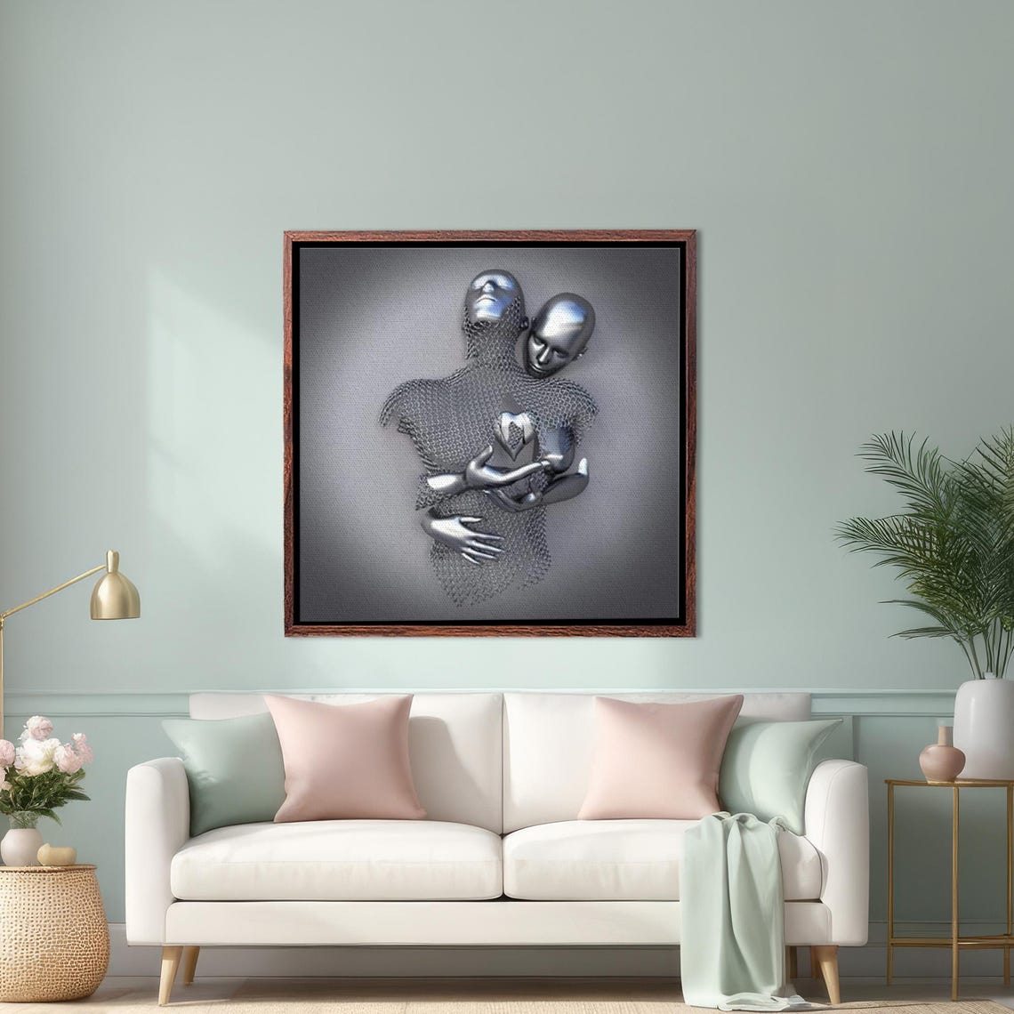 Silver 3D Metallic Couple Embracing With Heart Love Sculpture Poster