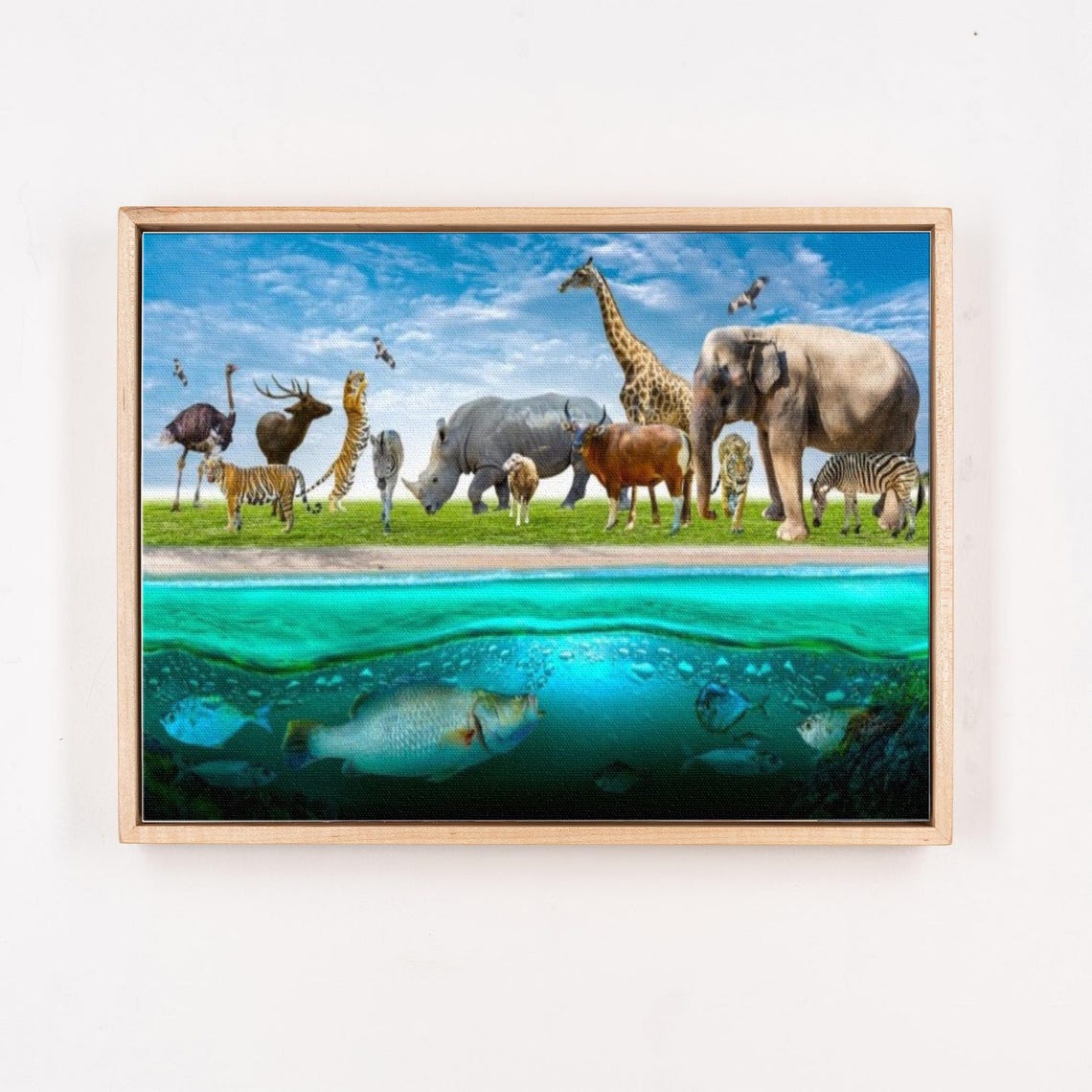 Safari Animals Above Water Fish Below Split Scene View Poster - Image 4