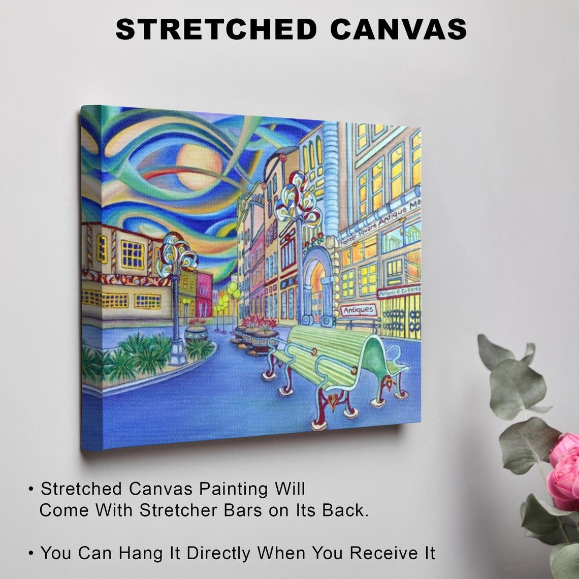 Colorful Illustrated City Street with Benches at Dusk Poster - Image 3