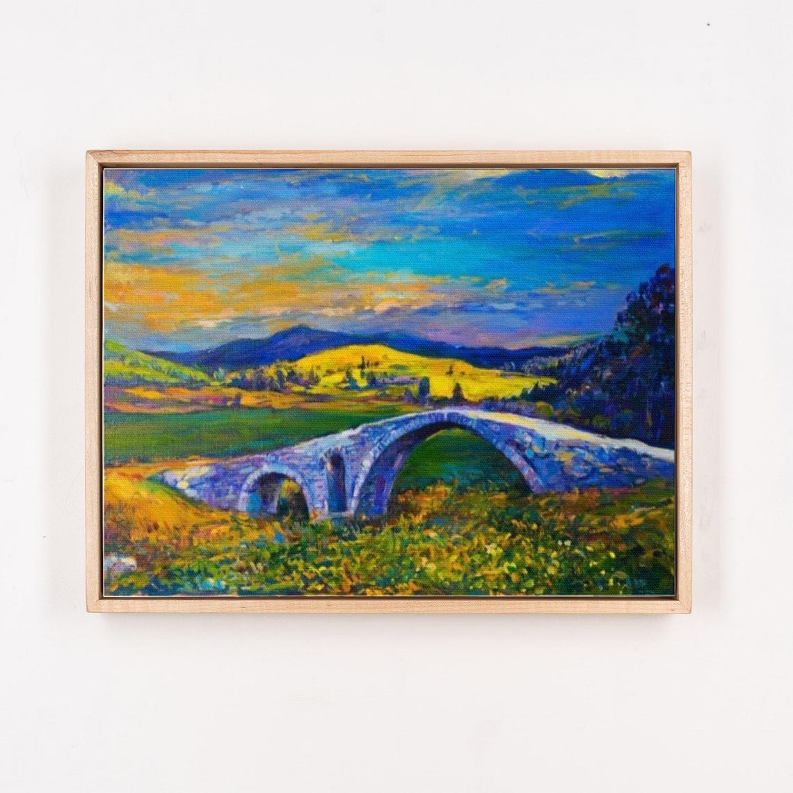Stone Arch Bridge Over River At Sunset Landscape Painting Art Poster - Image 4