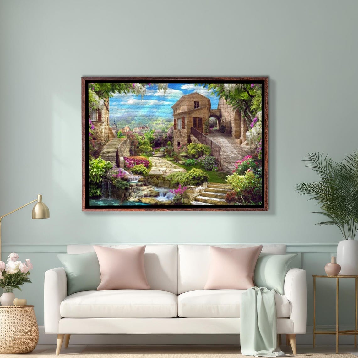 Old Stone Village Waterfall Stream Flower Garden Italy Poster
