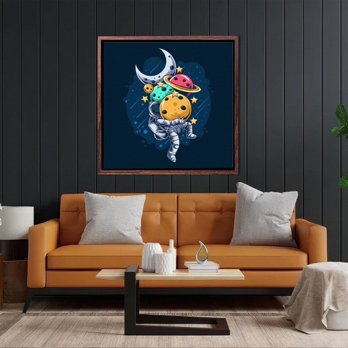 Astronaut Carrying Armful of Colorful Planets Space Cartoon Poster - Image 2