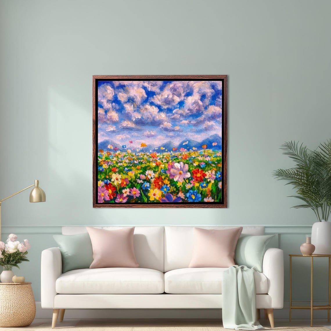 Colorful Wildflower Meadow Under A Dramatic Cloudy Sky Poster