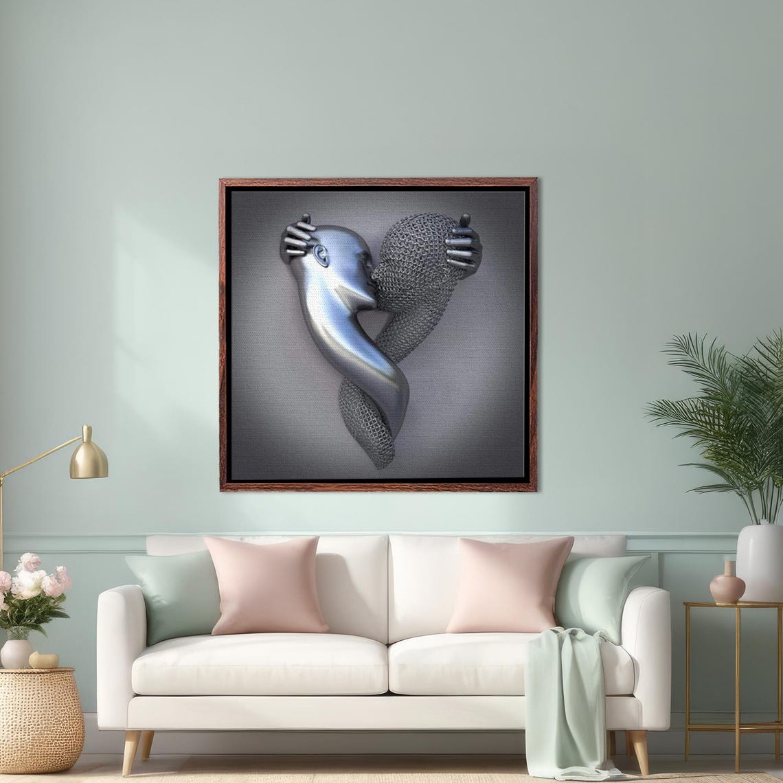 Two Chrome Human Figures Embracing In Liquid Silver Metal Poster