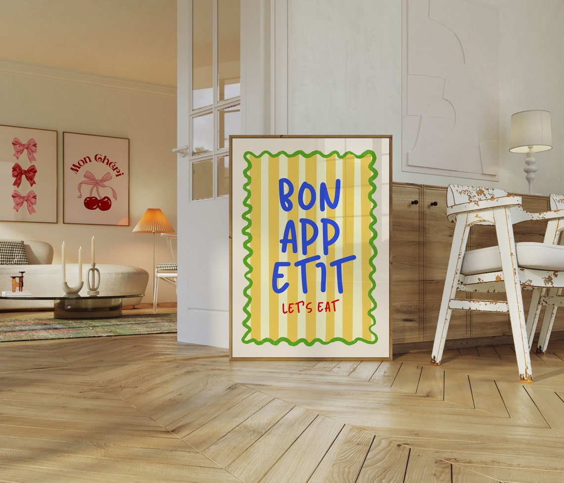 Bon Appetit Lets Eat Retro Striped Kitchen Typography Art Poster - Image 3