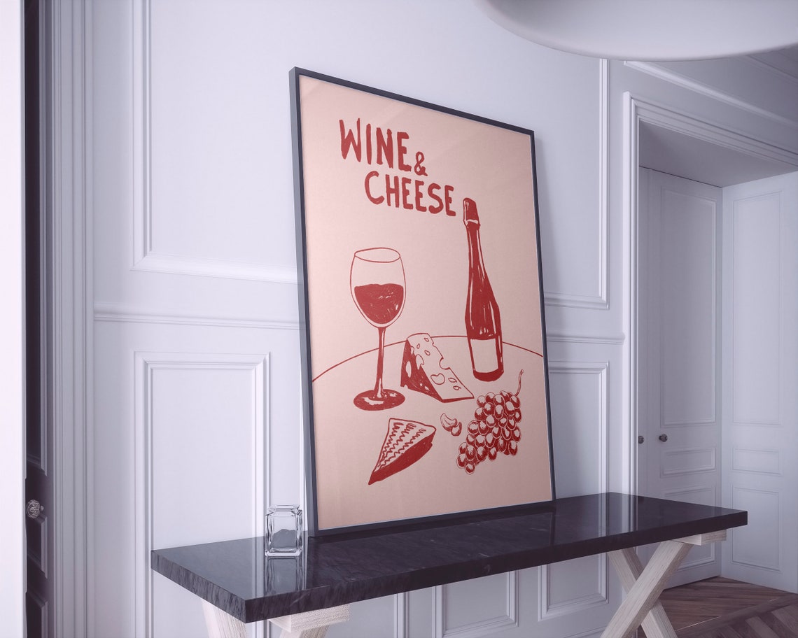 Wine And Cheese Mid Century Modern Pink Kitchen Bar Art Poster - Image 2