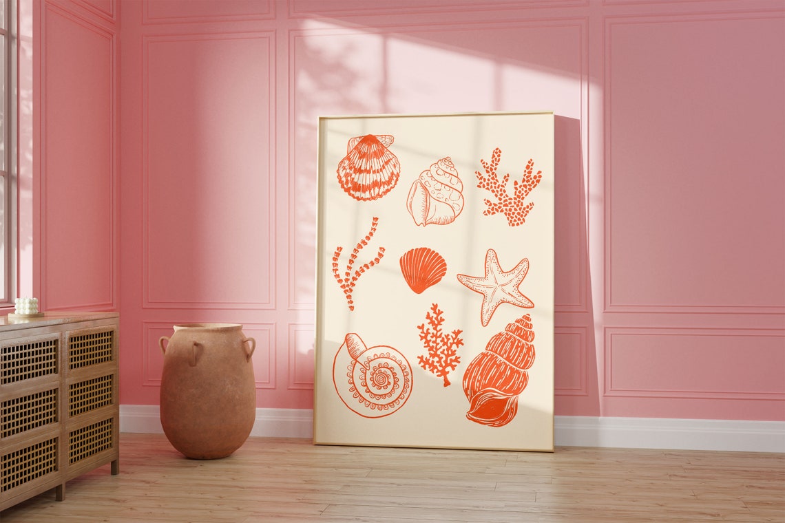 Orange Seashell and Coral Line Art Coastal Beach Decor Poster - Image 2