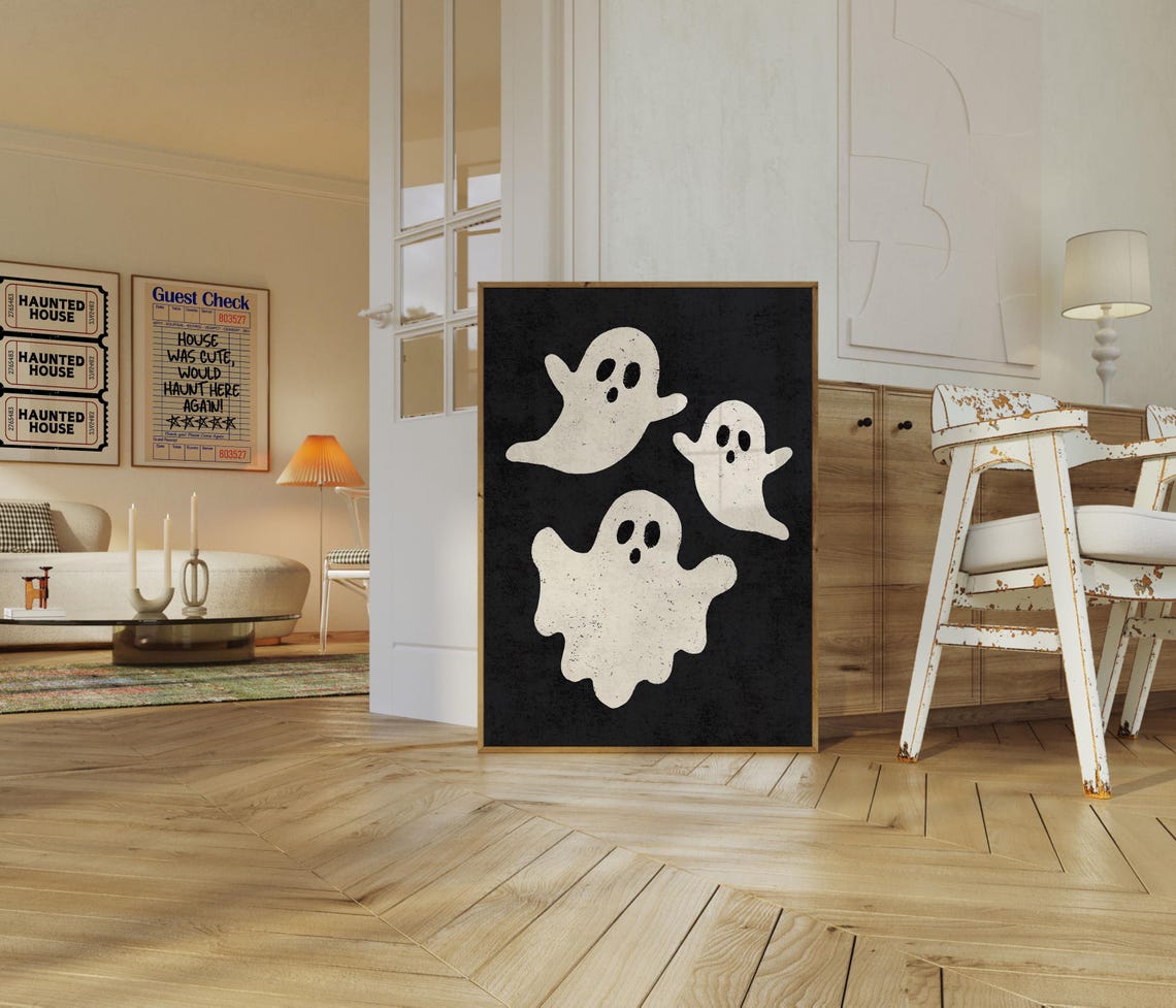 Cute Spooky Ghost Trio Black Background Halloween Decor Poster - Image 2