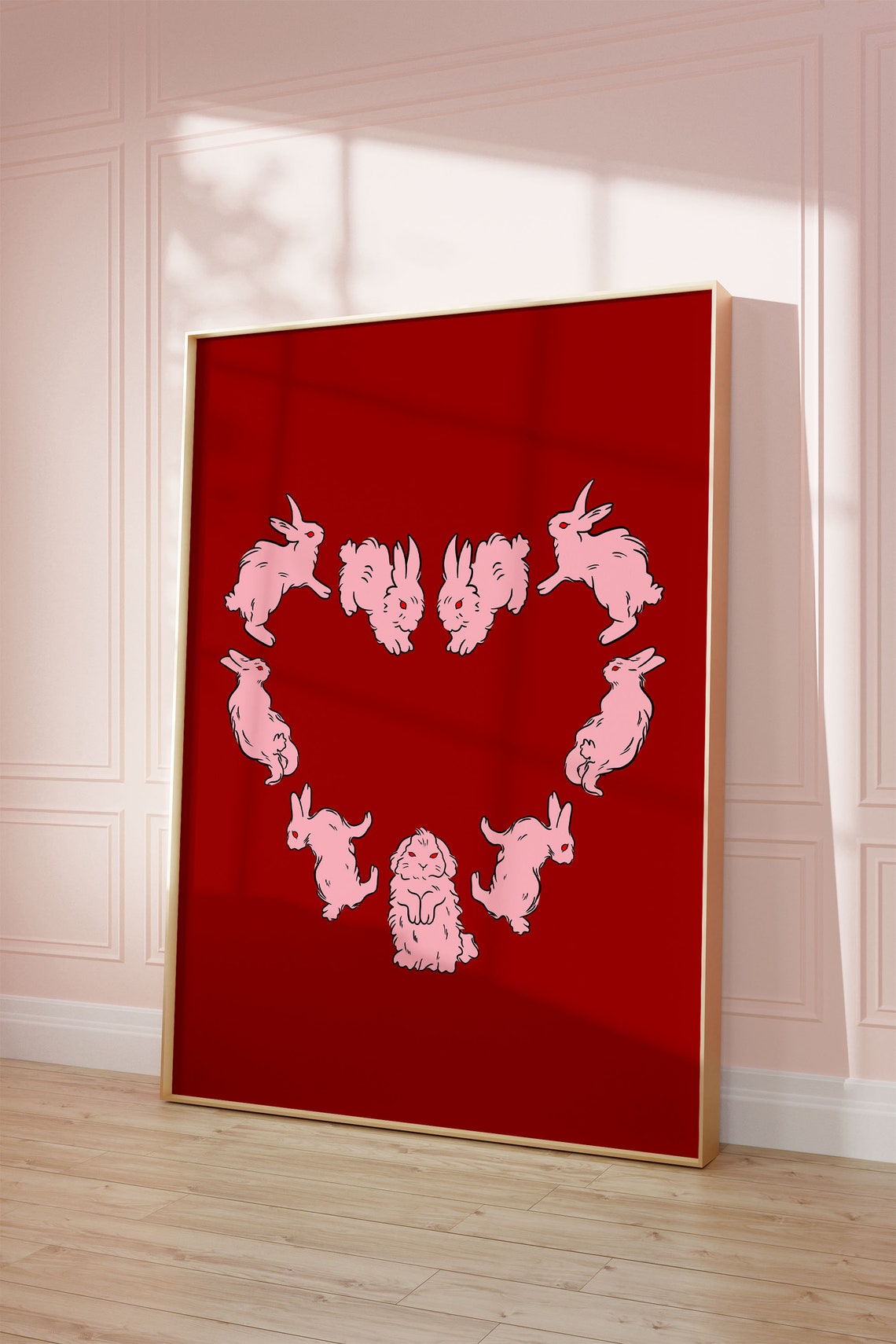 Cute Pink Bunny Rabbits Arranged In Heart Shape On Red Background Poster - Image 4