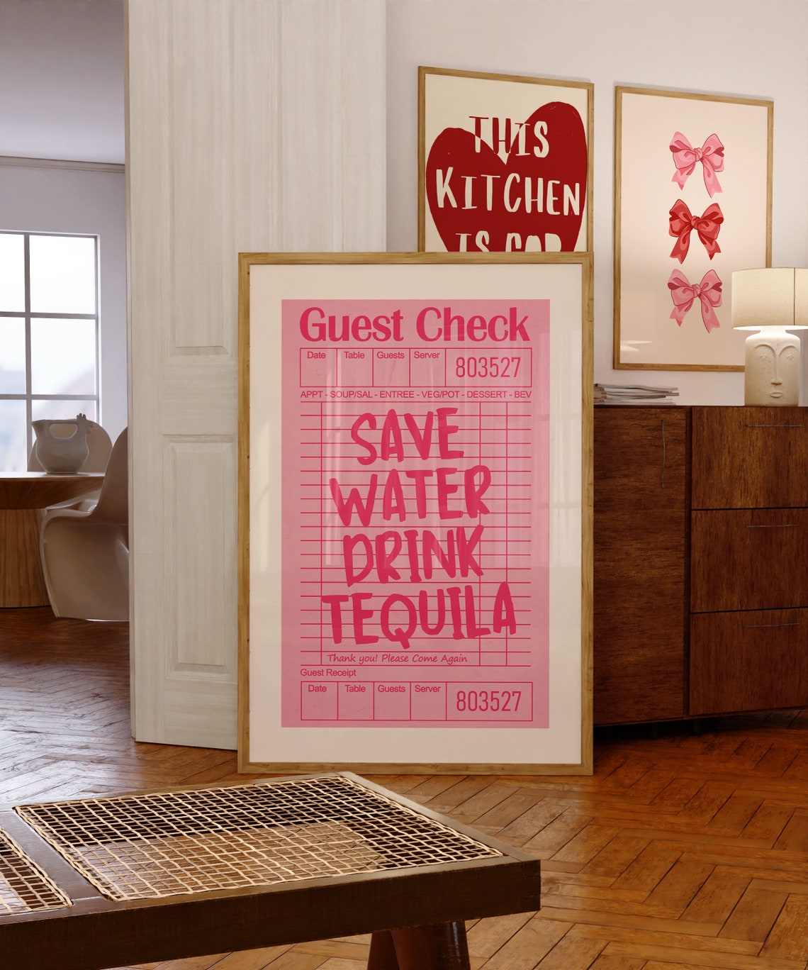 Save Water Drink Tequila Pink Vintage Guest Check Funny Bar Poster