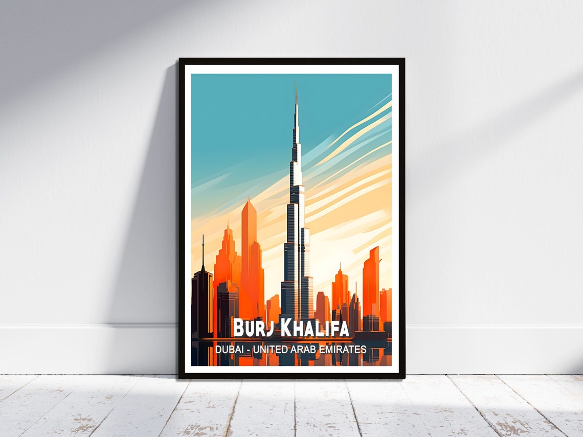 Burj Khalifa Dubai Skyline Sunset Cityscape Retro Travel Poster
