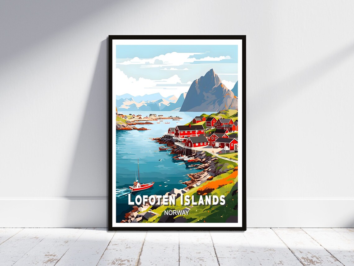 Lofoten Islands Norway Summer Harbor Red Cabins Boat Scene Poster