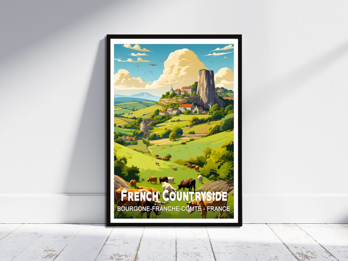 French Countryside Village Rock Meadow Bourgogne Travel Poster