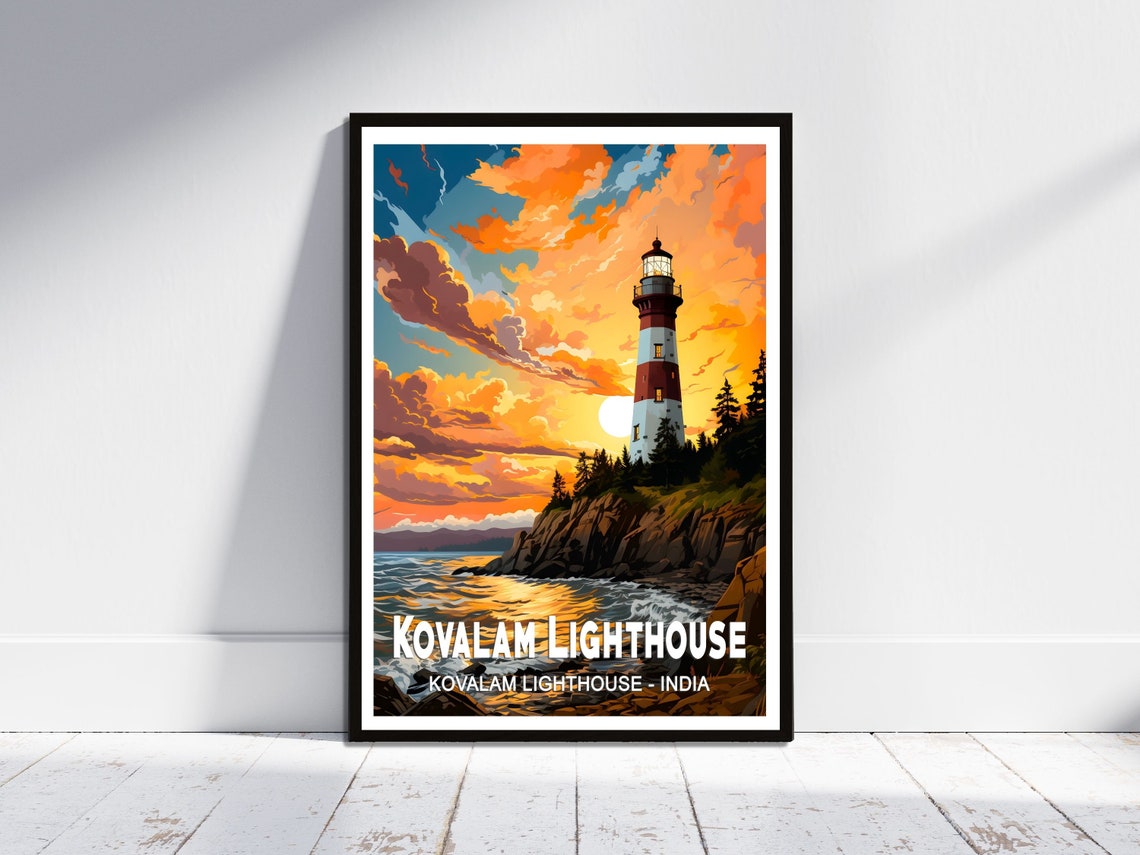 Kovalam Lighthouse India Sunset Beach Coastal Vintage Travel Poster
