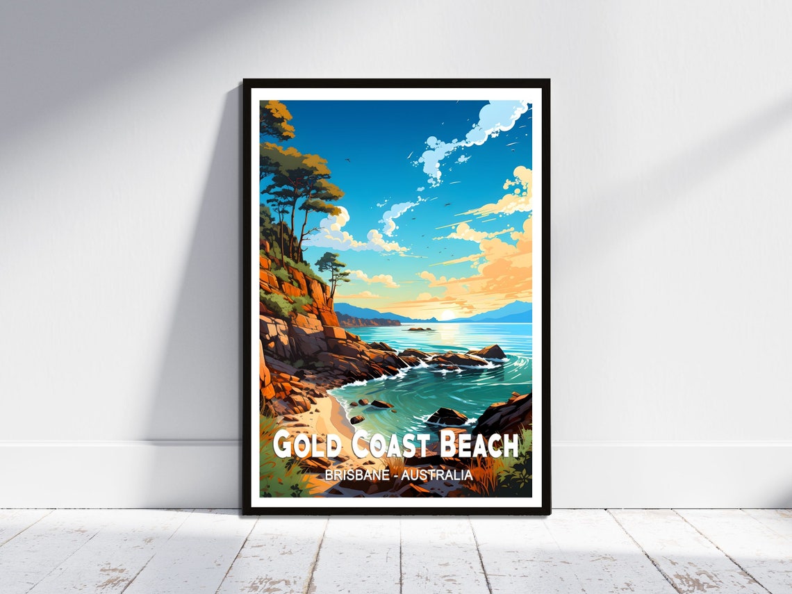 Gold Coast Beach Australia Rocky Cove Sunset Ocean Travel Poster