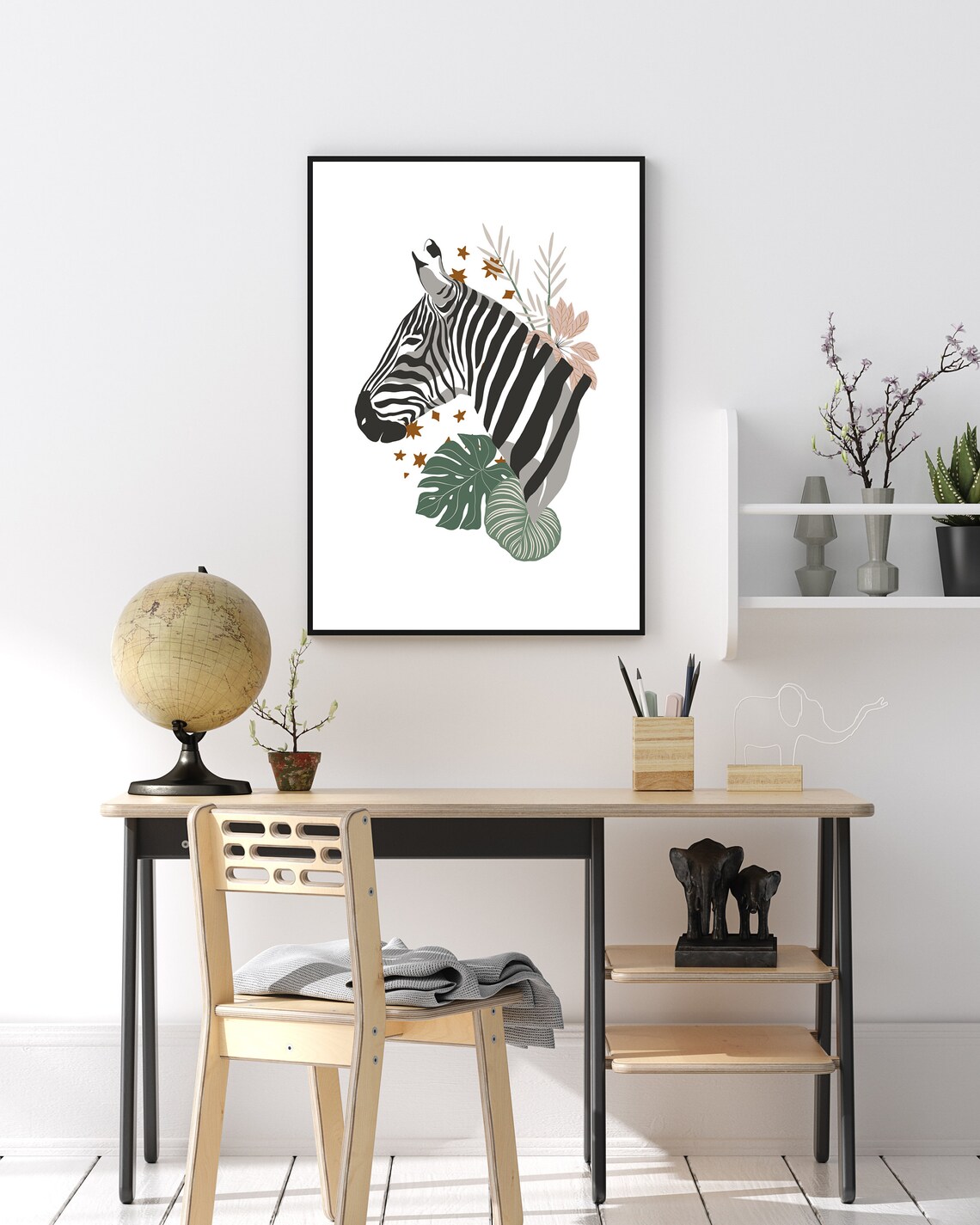 Jungle Zebra and Giraffe Botanical Boho Art Print - Image 2