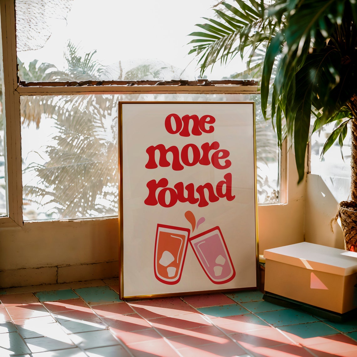 One More Round Retro Cocktail Glasses Red Bold Fun Party Poster - Image 4