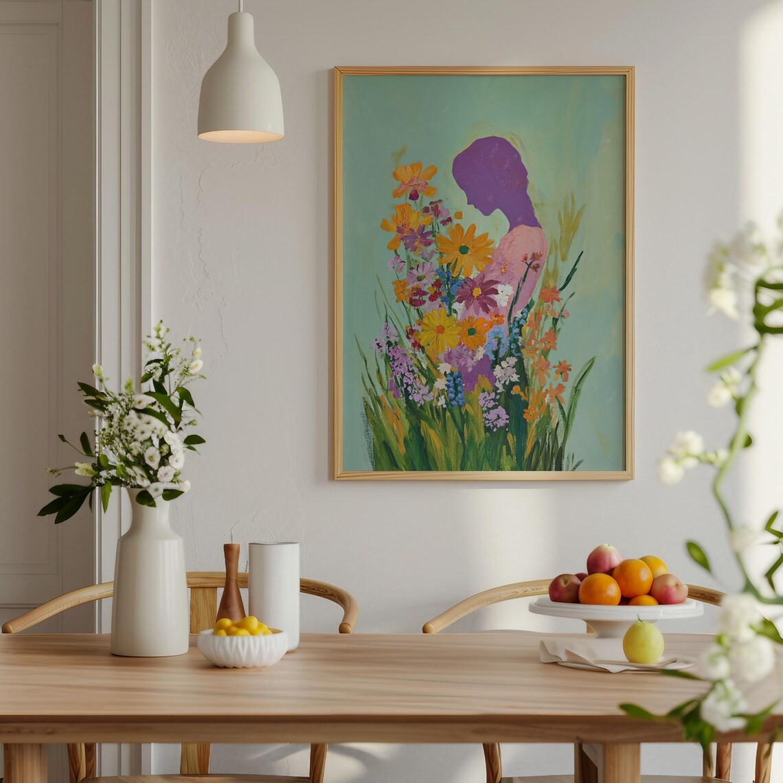 Purple Woman Silhouette Wildflower Meadow Teal Floral Art Poster - Image 3