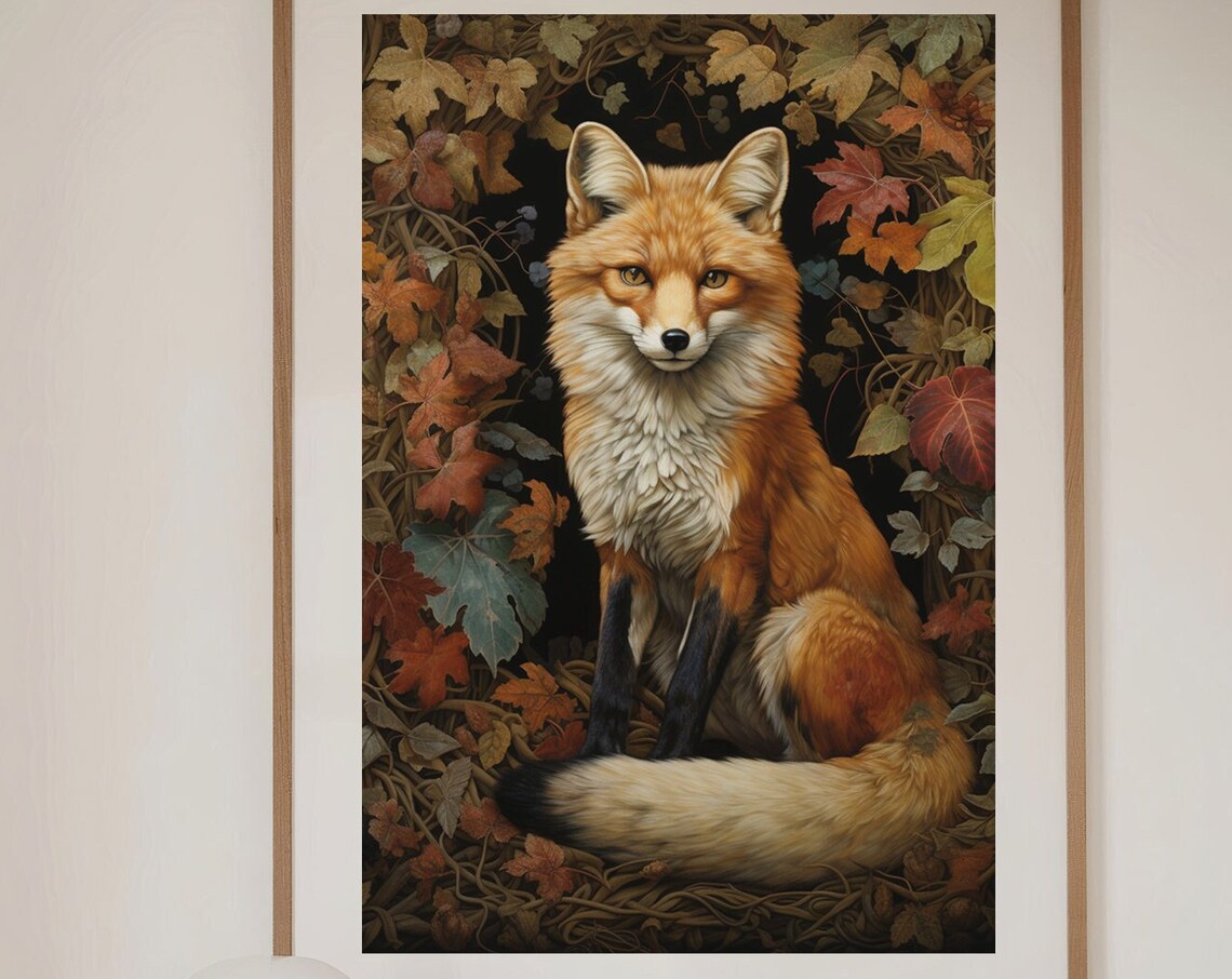 Rustic Red Fox Portrait In Autumn Leaf Wreath Woodland Poster
