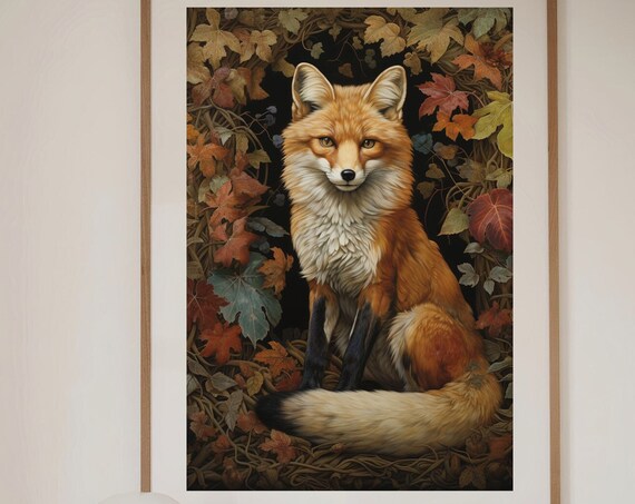 Rustic Red Fox Portrait In Autumn Leaf Wreath Woodland Poster