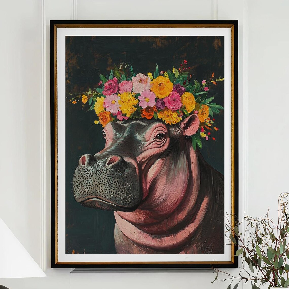 Hippopotamus Wearing Flower Crown Dark Humorous Portrait Poster