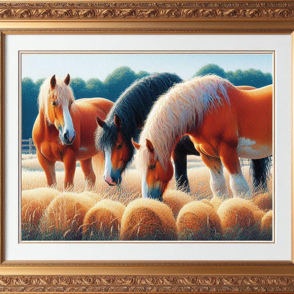 Three Chestnut Horses Grazing Hay in a Golden Field Art Poster