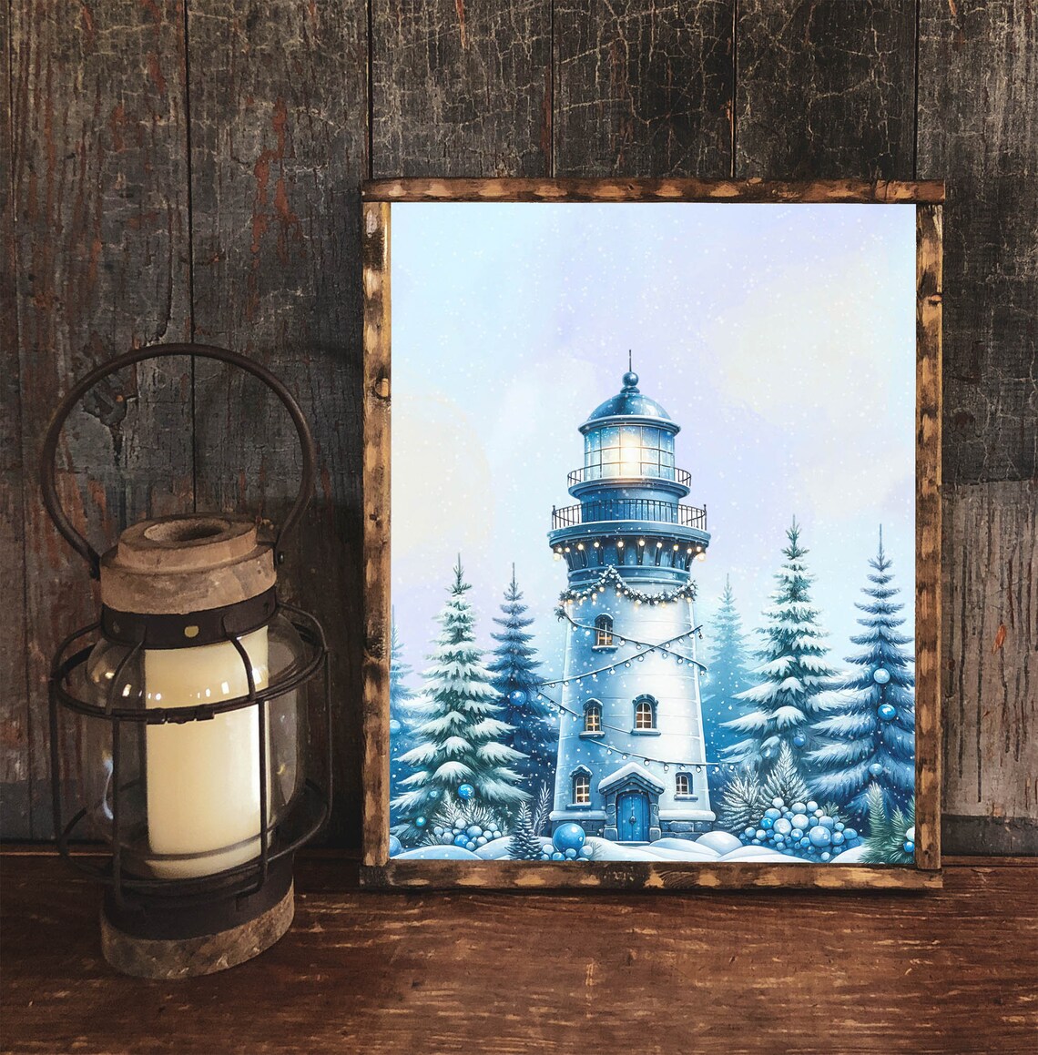 Winter Lighthouse String Lights Snowy Evergreen Nautical Christmas Poster - Image 2