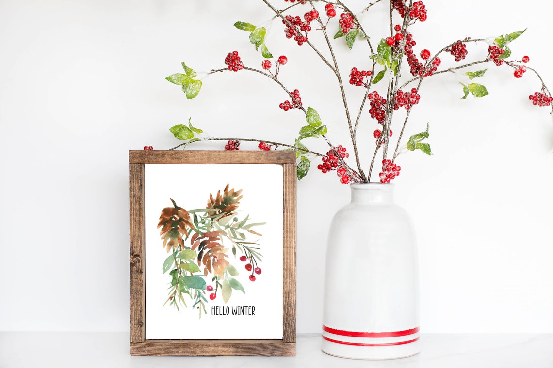 Hello Winter Pine Cone Eucalyptus Berry Watercolor Botanical Poster - Image 5