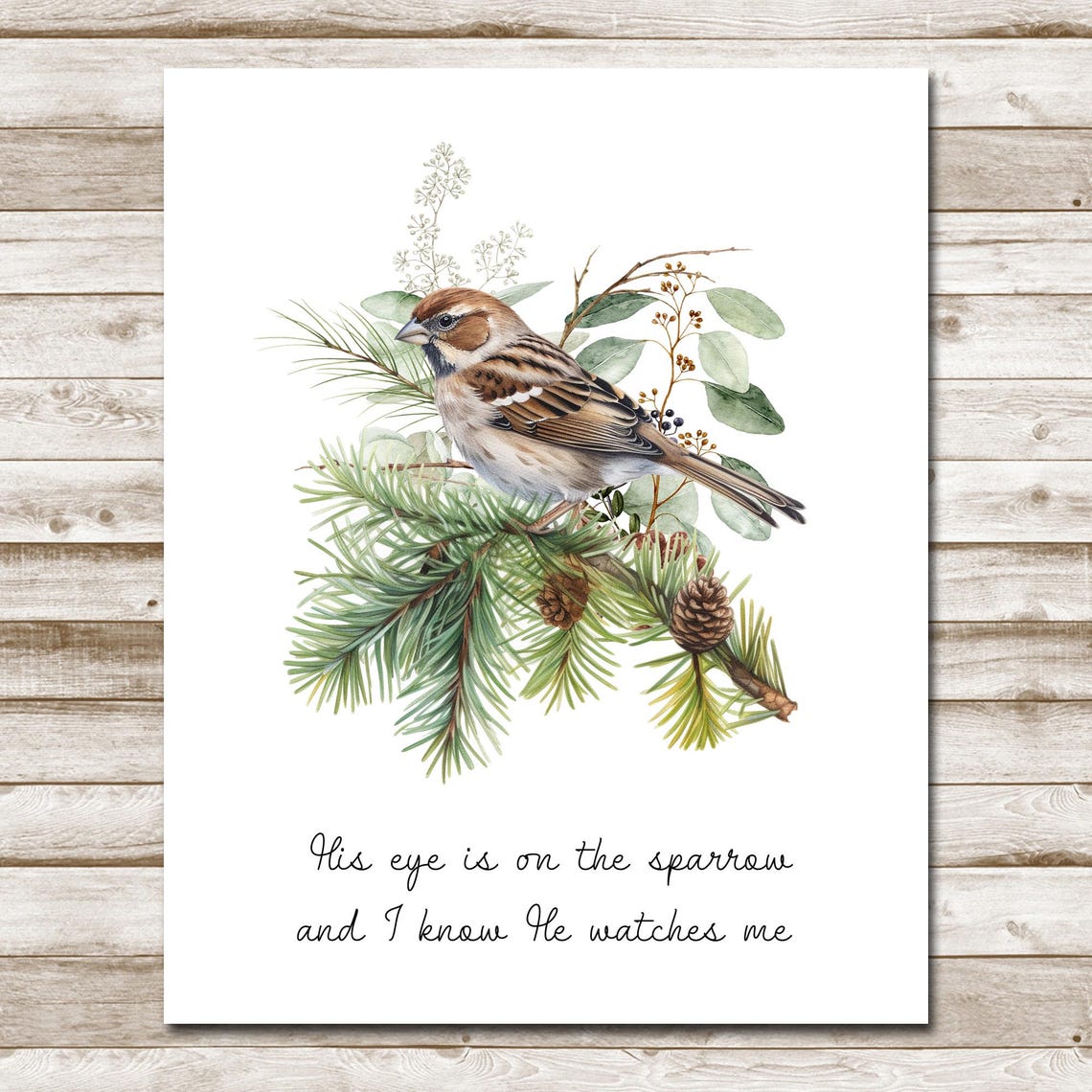 Watercolor Sparrow on Pine Branch Christian Faith Quote Bird Art Print - Image 4
