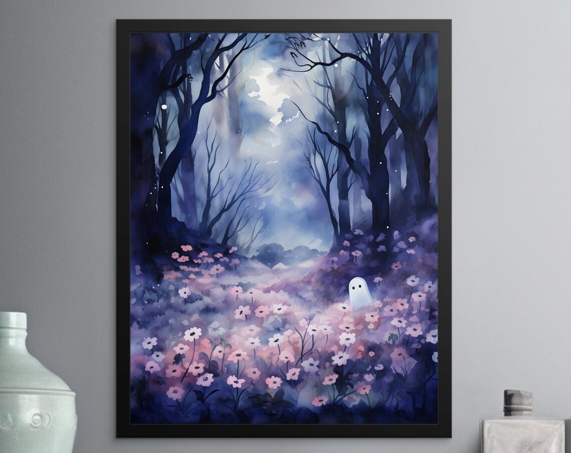 Ghost Flower Field Art Print, Spooky Halloween Watercolor - Image 2