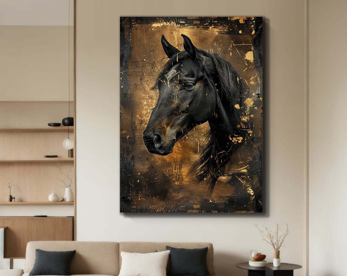 Majestic Black Horse Gold Texture Portrait Elegant Equine Wall Art