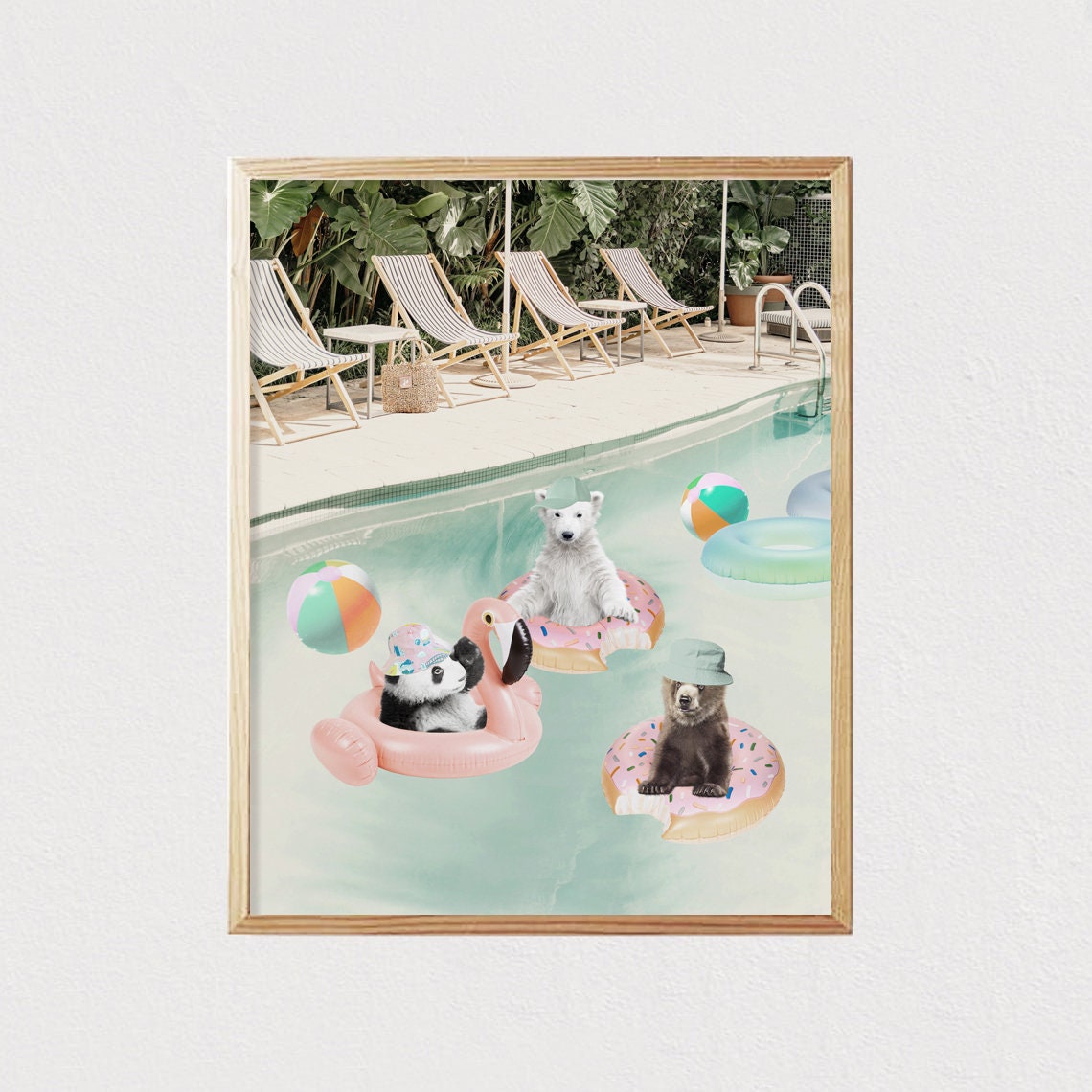 Baby Animals In Swimming Pool Swimming Rings Neutral Art Animal Adventures Print Funny Cute Animals Nursery 16x20 - Image 2