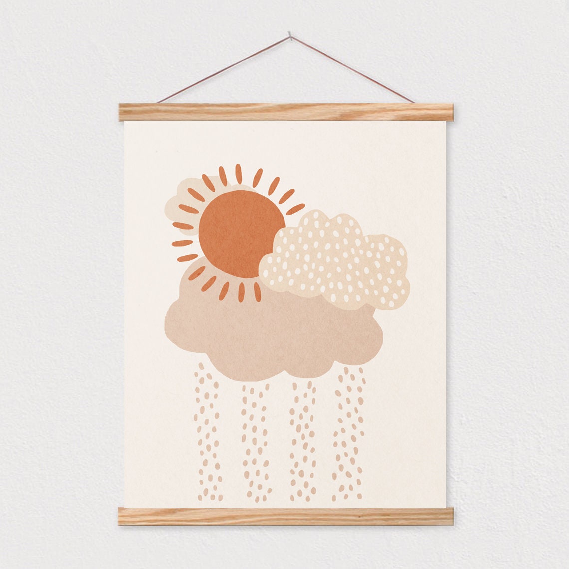 Cloud Rain Drops Illustration Art Neutral Boho Kids Art Earth Tones Nursery Room Interior Decor Mid Century 16x20 - Image 2