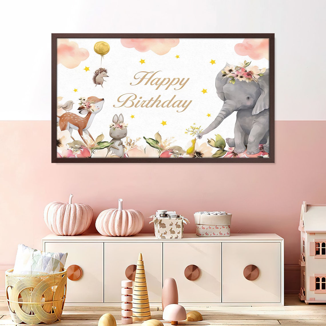 Happy Birthday Baby Animals Elephant Deer Bunny Party Art Print - Image 4