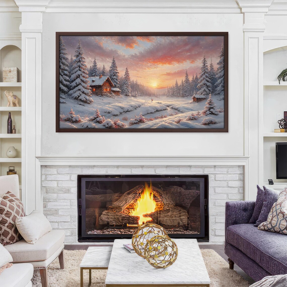 Frame Tv Art Schristmas Romantic Winter Sunset Rustic Cabin Painting Snow Landscape Art Snowy Forest - Image 2