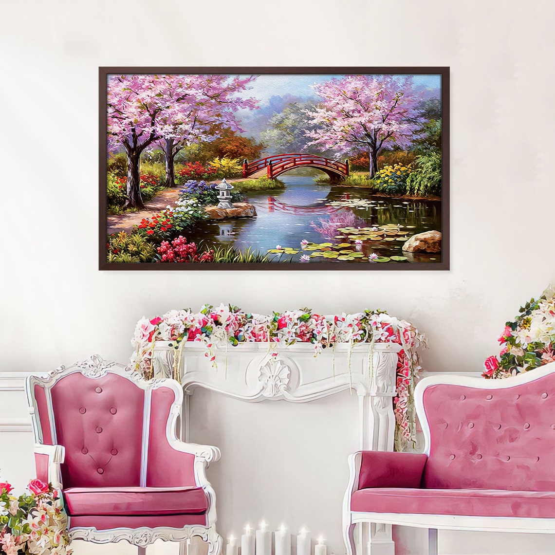 Japanese Cherry Blossom Garden Red Bridge Pond Asian Art Poster - Image 4