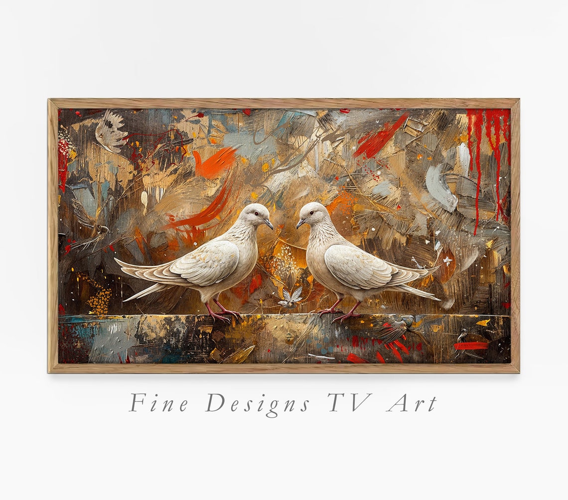 White Doves Pair Gold Abstract Background Symbolic Bird Art Print