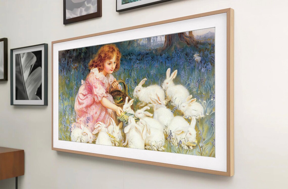 Little Girl Feeding White Rabbits Bluebell Meadow Vintage Art Print - Image 3