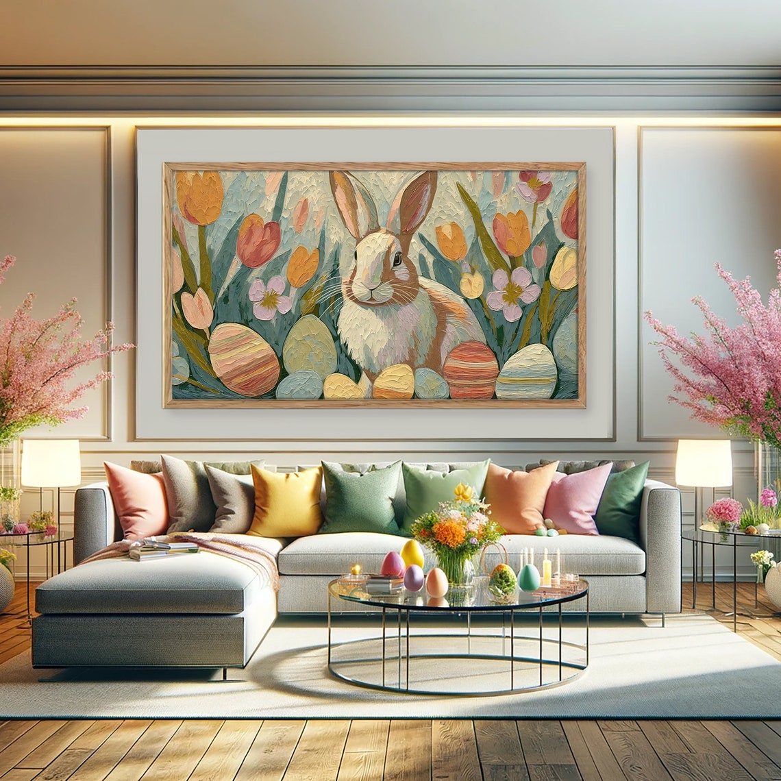 Easter Bunny Painted Eggs Tulips Impasto Spring Oil Painting Print - Image 2