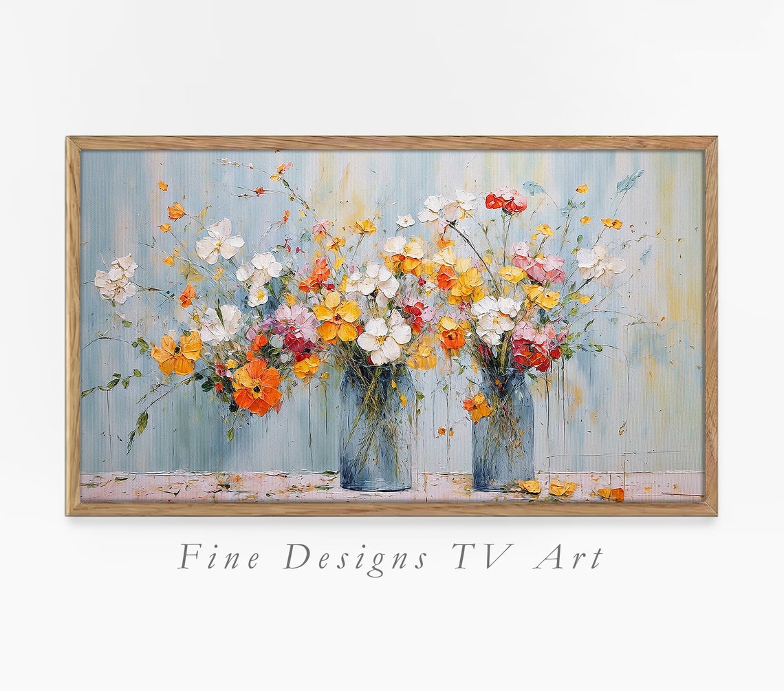 Blue Vases Colorful Wildflowers Bouquet Soft Blue Background Art Print
