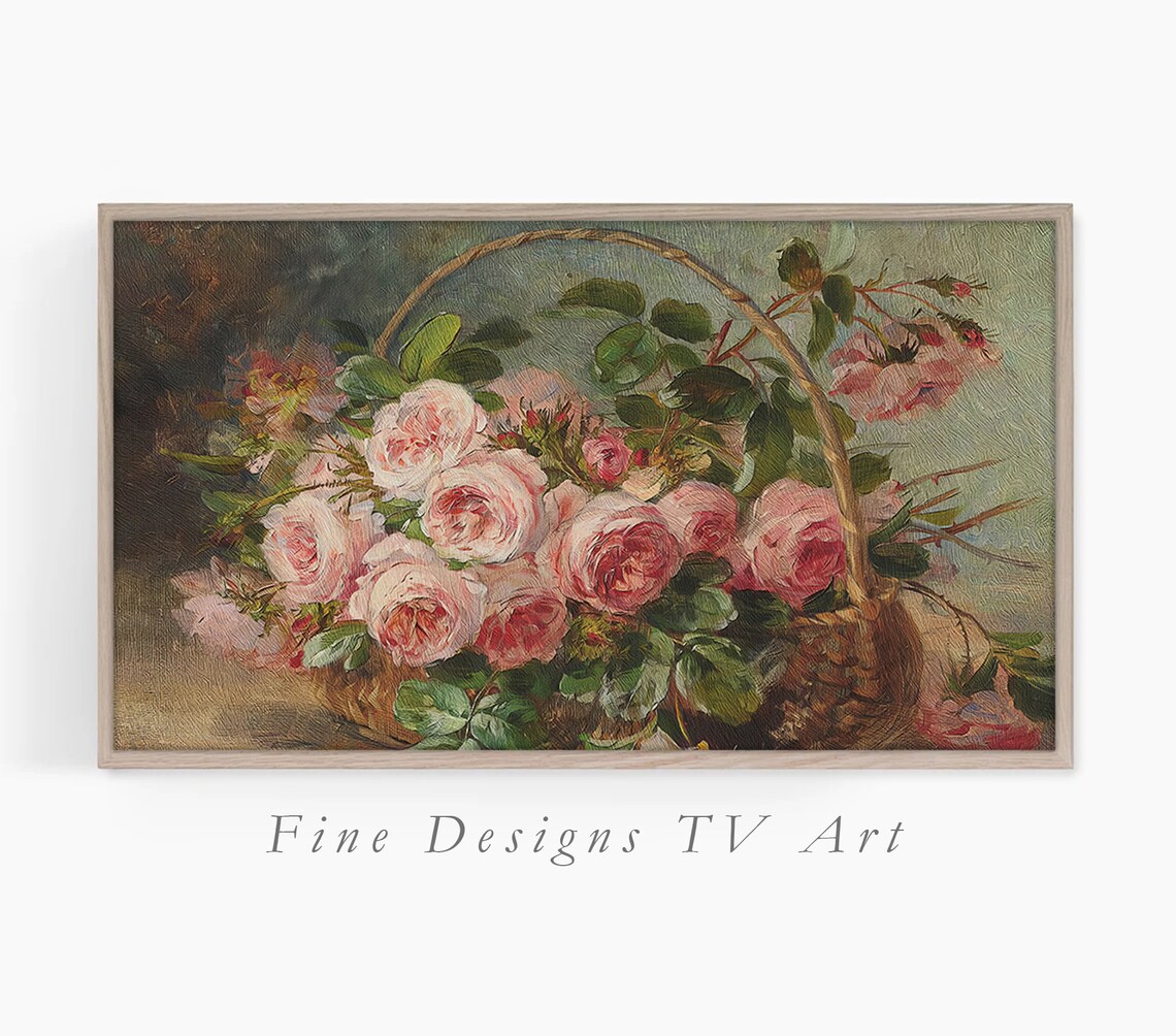 Roses In A Basket, Vintage Style Floral Art Print