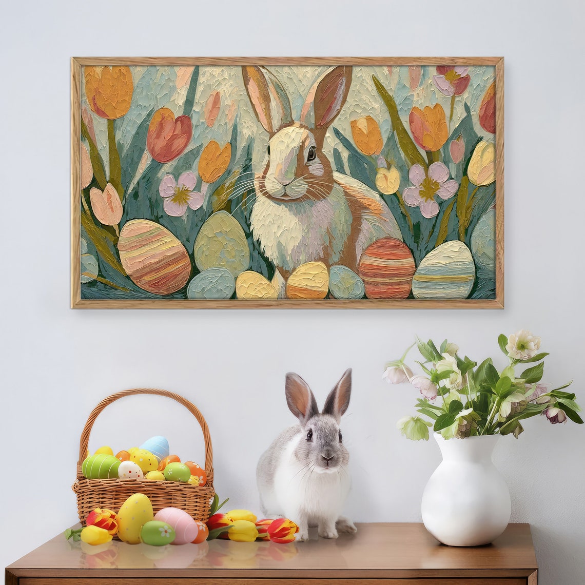 Easter Bunny Painted Eggs Tulips Impasto Spring Oil Painting Print - Image 4