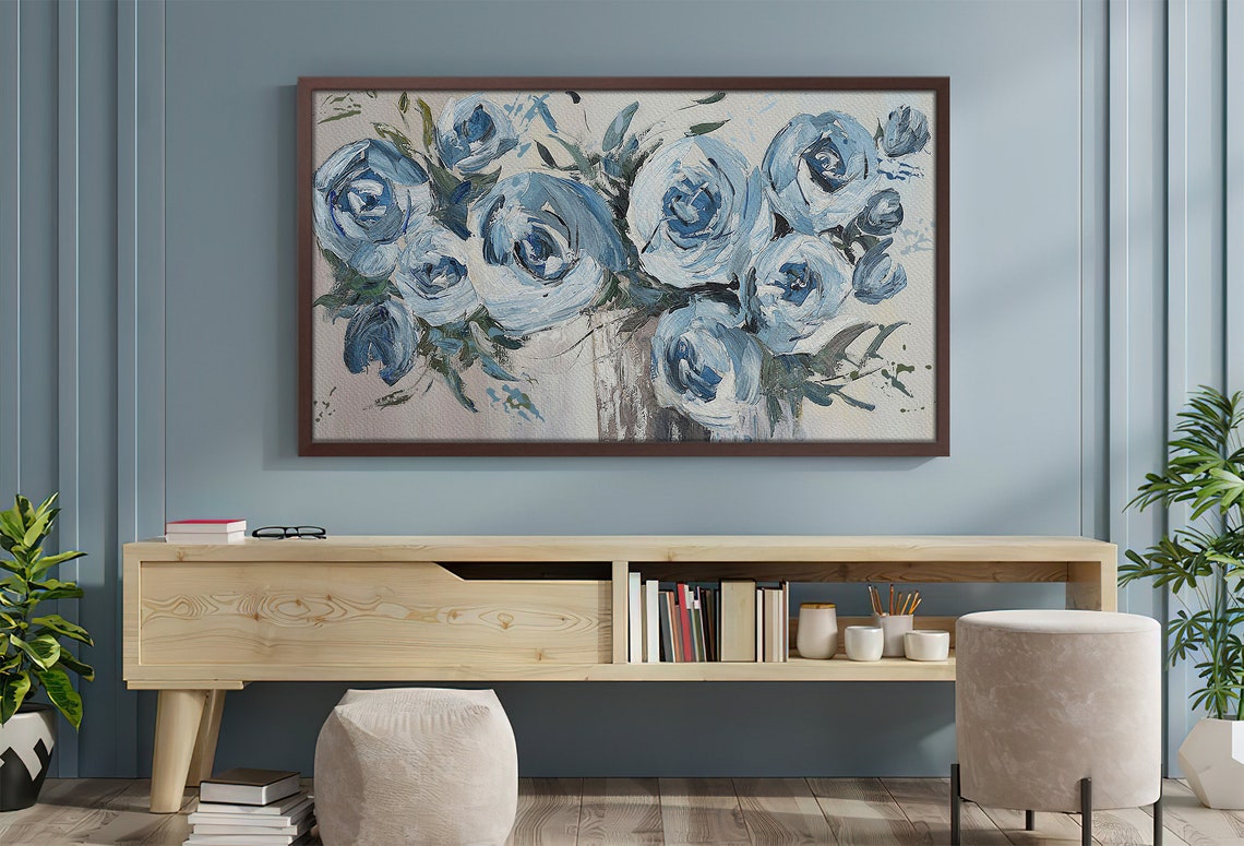 Hand Painted Blue Roses Monochrome Vase Brushwork Elegant Art Poster - Image 4