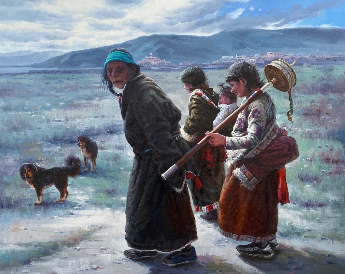Tibet Pilgrims Prayer Wheel Plateau Journey Realistic Oil Poster