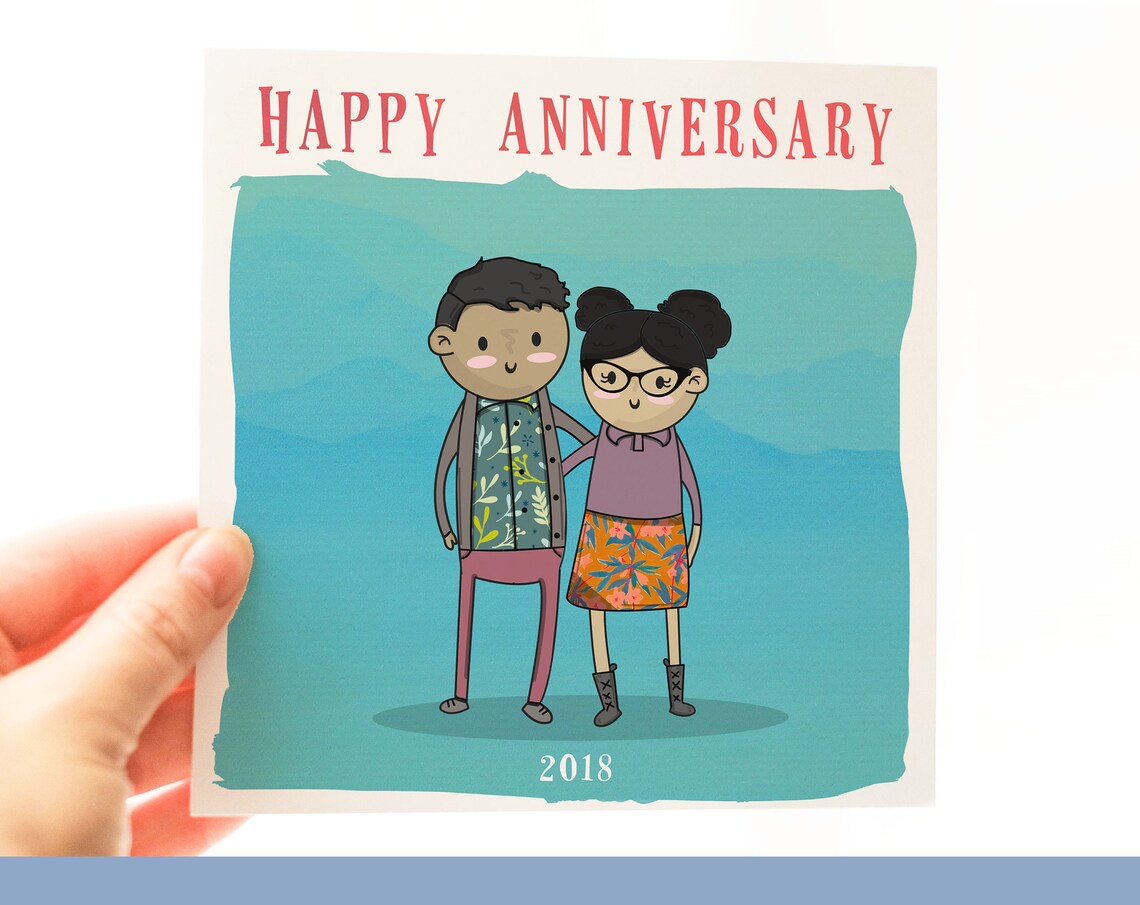 Happy Anniversary Cartoon Couple Portrait on Teal Watercolor Poster - Image 2